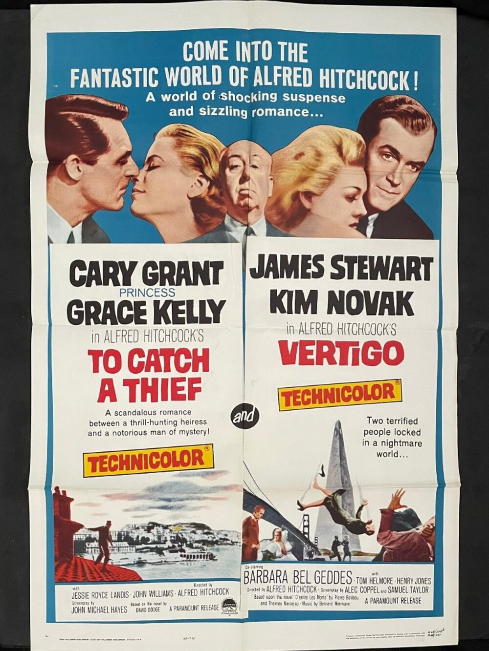Vintage poster of Hitchcock's "Vertigo" & "To Catch a Thief" re-release